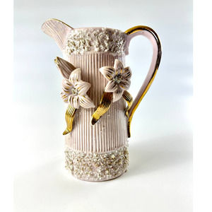 Vintage Ornate Pink Pitcher Vase With Gold Flower Details Hollywood Regency
